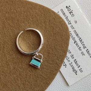 S925 sterling silver adjustable ring with blue enamel lock pendant in minimalist style
