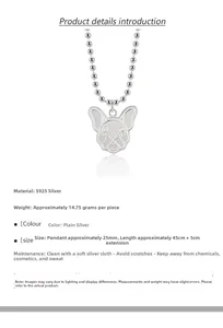 Detail view of S925 silver pug pendant necklace showing dimensions and bead chain texture
