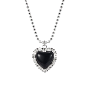 S925 sterling silver ball chain necklace with black heart pendant and beaded border