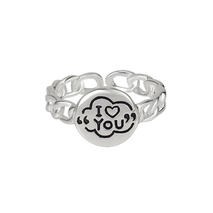 Polished S925 sterling silver chain ring with I Love You engraved round pendant