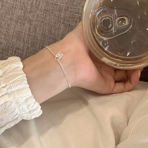 Minimalist S925 sterling silver chain bracelet with square smiley lock pendant for women