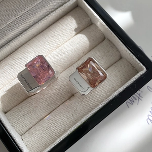 925 silver rectangle cut pink and champagne zircon rings with engraved side detail
