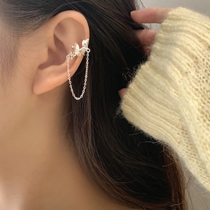 S925 sterling silver butterfly ear cuff with tassels and dangling chain for women