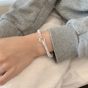Modern S925 sterling silver layered ring bracelet with vintage OT toggle clasp