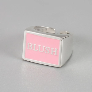Original Design 925 Sterling Silver Pink Enamel BLUSH Letter Adjustable Open Ring Geometric Wide Band Trendy Finger Ring For Women