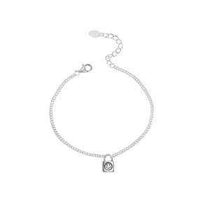 Minimalist S925 sterling silver chain bracelet with a happy face square lock pendant