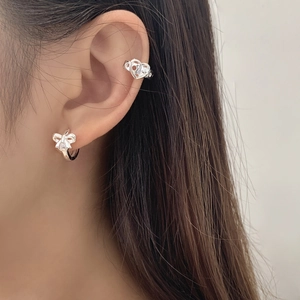 S925 silver bow drop earring and heart ear cuff set with sparkling zircon stones