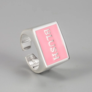 925 sterling silver ring with pink enamel blush design and wide minimalist band