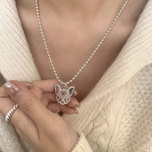 Minimalist S925 sterling silver pug dog pendant necklace on ball chain for women