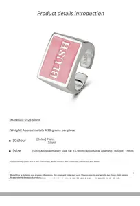 Macro detail of S925 silver ring with pink enamel BLUSH logo and adjustable open band