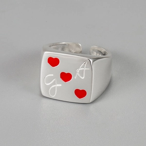 S925 Sterling Silver Square Red Heart Open Ring Adjustable Enamel Minimalist Retro Letter Finger Ring For Women Fashion Jewelry