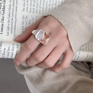 Chunky 925 silver ring with large square champagne zircon and engraved side details
