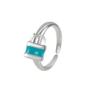 S925 sterling silver open ring featuring a blue enamel lock pendant on white background