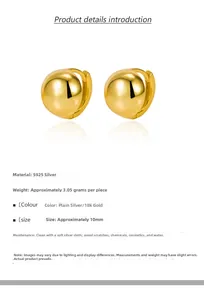 Detailed specs of S925 sterling silver ball earrings in 18k gold finish with 10mm diameter