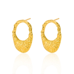 Gold 925 sterling silver oval hollow stud earrings with irregular lava texture finish