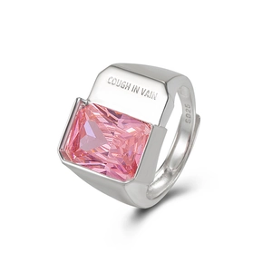 925 Sterling Silver Ring with Rectangular Pink Zircon Stone and Engraved Modern Design