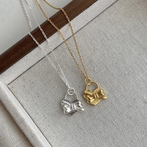 Collier Pendentif Cœur Nœud Papillon en Argent Sterling 925 pour Femme Plaquage Or 18K Élégant Minimaliste Coréen Bijoux