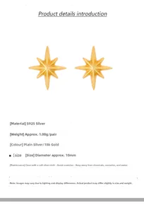 Macro shot of 18K gold S925 sterling silver star studs showing 10mm diameter size