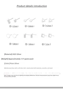 Detailed size chart of S925 sterling silver geometric stud earrings in six unique shapes
