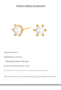 Detailed specs of 8.5mm pearl stud earrings with S925 silver crown setting and sizing