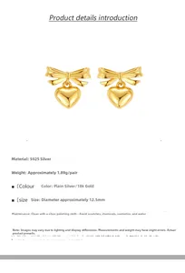 Detail view of S925 silver bow heart earrings with 18k gold plating specifications