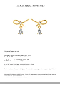 Detail of S925 silver bow knot earrings with teardrop zircon and size specifications
