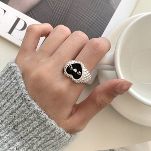 925 silver beaded open ring featuring black heart, paw print, and letter M charm