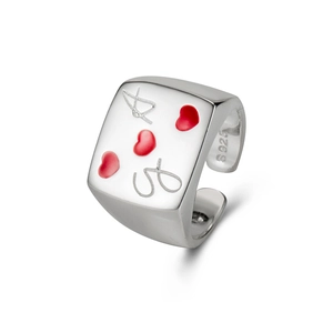 Adjustable S925 sterling silver ring with three red enamel hearts and letter engravings
