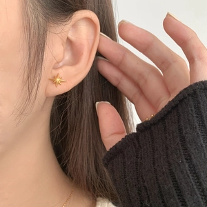 Minimalist S925 sterling silver octagram stud earrings in matte gold finish on ear