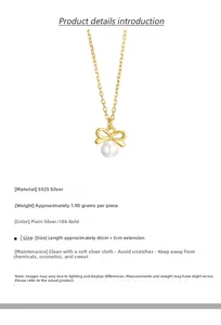 Detail of S925 silver bow pendant with pearl showing dimensions and 18K gold finish