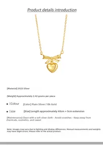 Detail view of S925 sterling silver bow and heart necklace with technical specifications