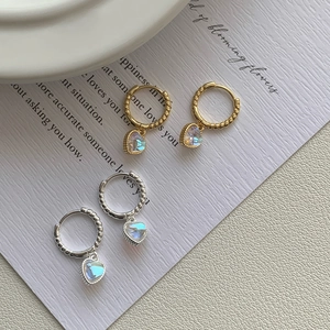 S925 Sterling Silver Moonstone Heart Hoop Earrings Vintage Twisted Design Romantic Peach Heart Dangle Earrings Women Jewelry