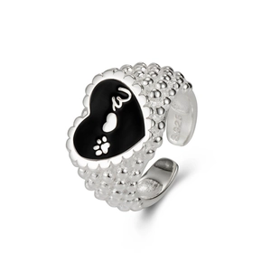 925 silver open ring featuring a black enamel heart with a cute puppy paw print