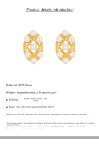 Detail view of S925 silver lace earrings with pearls including 10mm size and weight specs