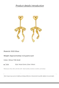 Detail view of S925 silver heart and ribbon bow earrings with 18k gold plating