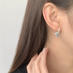 Vintage S925 sterling silver heart hoop earrings with black enamel and star patterns