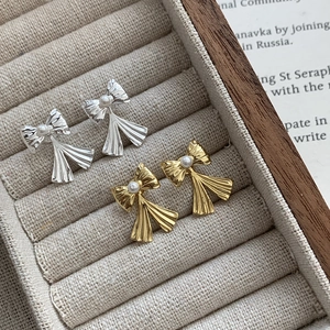 Boucles D'oreilles À Poussoir Noeud Avec Tige En Argent Sterling 925 Künstliche Perle Plissée Vintage Français Bijoux Pour Femmes
