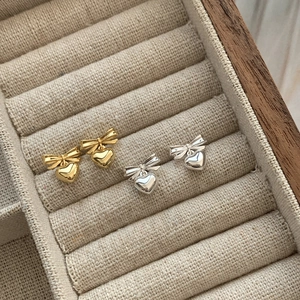 Elegant 925 Sterling Silver Bow Heart Stud Earrings For Women 18K Gold Plated Polished Sweet Heart Dangle Earrings Jewelry