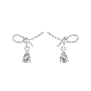 S925 sterling silver bow knot earrings with pear cut water drop crystals and diamonds