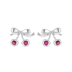 Boucles d'oreilles cerises en argent S925 avec nœud papillon et pierres rouges