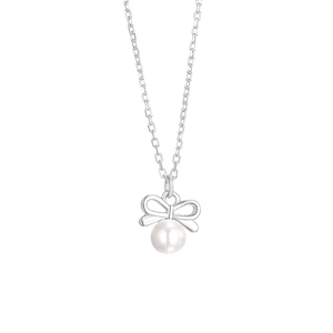 Elegant S925 sterling silver bow necklace with a lustrous pearl pendant on a white background