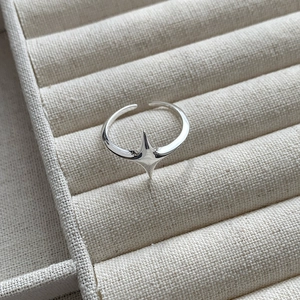 Macro detail of silver S925 adjustable ring featuring a polished North Star design