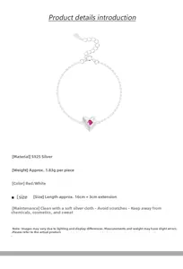 Detailed S925 silver bracelet size guide with red heart zircon pendant measurements