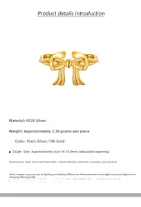 Detail of S925 sterling silver bow ring in 18k gold finish showing 16.9mm size specs