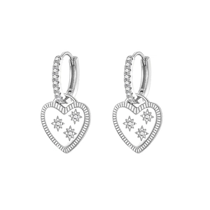 Silver heart hoop earrings with sparkling star zircon and white enamel finish