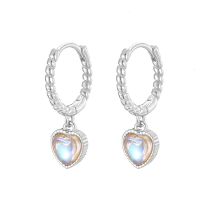 S925 sterling silver heart earrings with moonstone and twisted rope hoop design