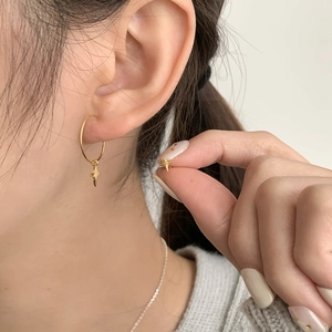 Minimalist S925 silver asymmetric gold hoop earrings with north star charm for women