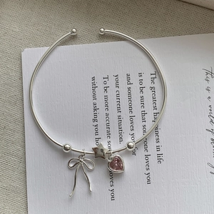 925 Sterling Silver Bangle Heart Bowknot Star Pink Rhinestone Charms Adjustable Open Cuff Bracelet For Women Girls Fashion Jewelry