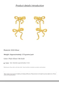 Detail of S925 silver bow earrings with 18K gold plating and 11mm dimensions