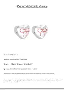 Detailed view of S925 silver heart earrings with red bow and size specifications